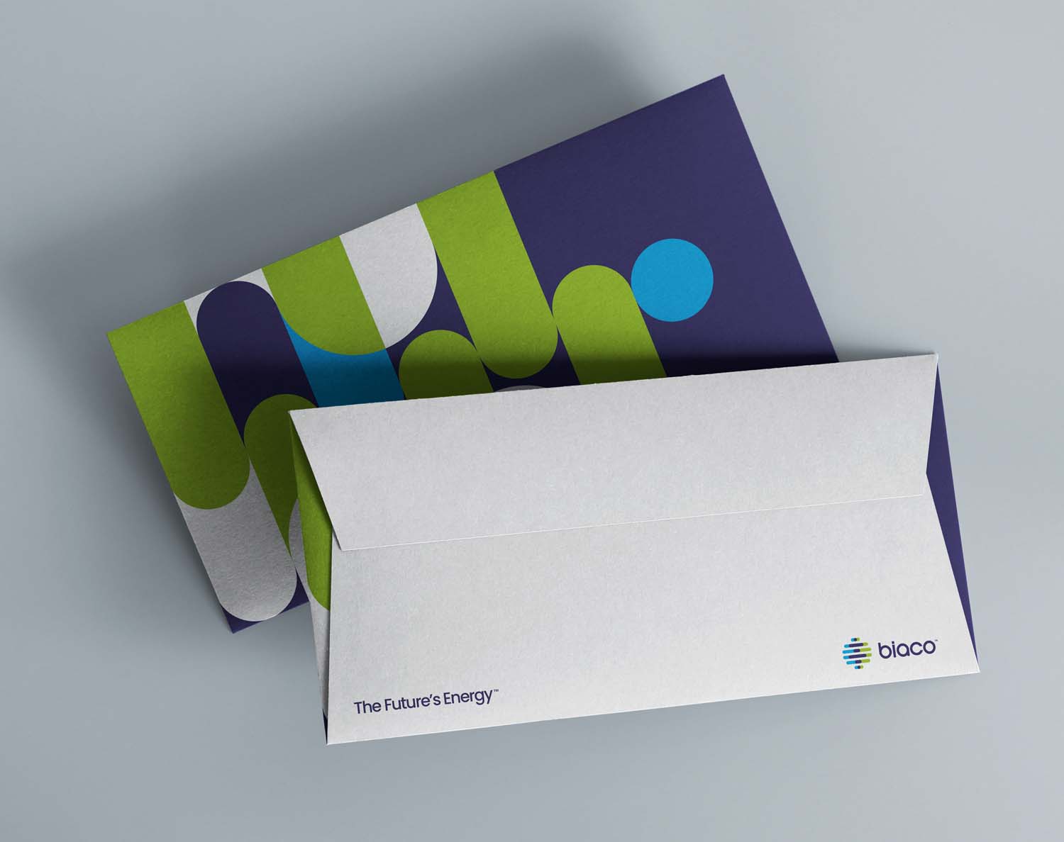 BIACO clean energy providers branded stationery design on envelopes