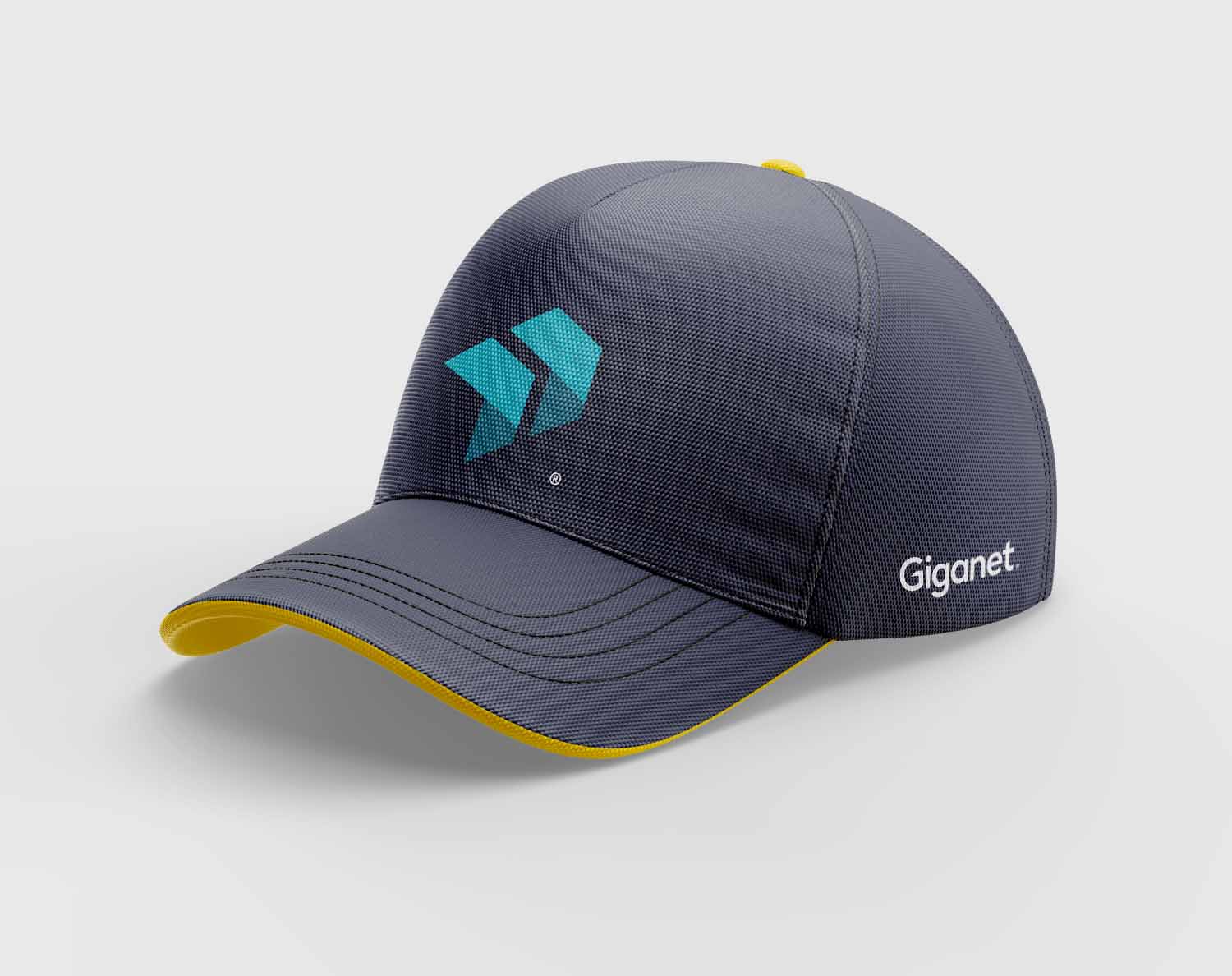 A baseball cap displaying the logo design for the branded merchandise range of full fibre provider Giganet