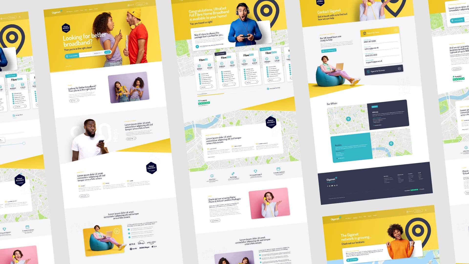 A colourful montage displaying the website design for Full Fibre provider Giganet by Crux Design Agency