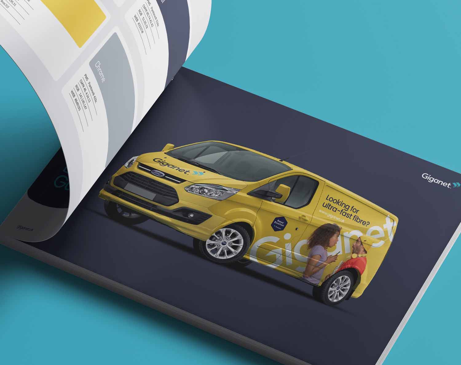 Brand guidelines for Giganet full fibre showing vehicle livery- created by Crux Design Agency