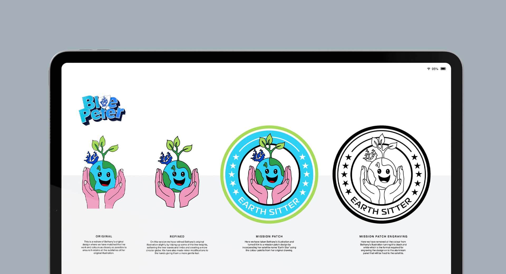 A diagram showing the stages taken by Crux Design Agency to digitise and enhance Bethany’s original drawing to a Mission Patch for Blue Peter's Awesome Orbit competition.