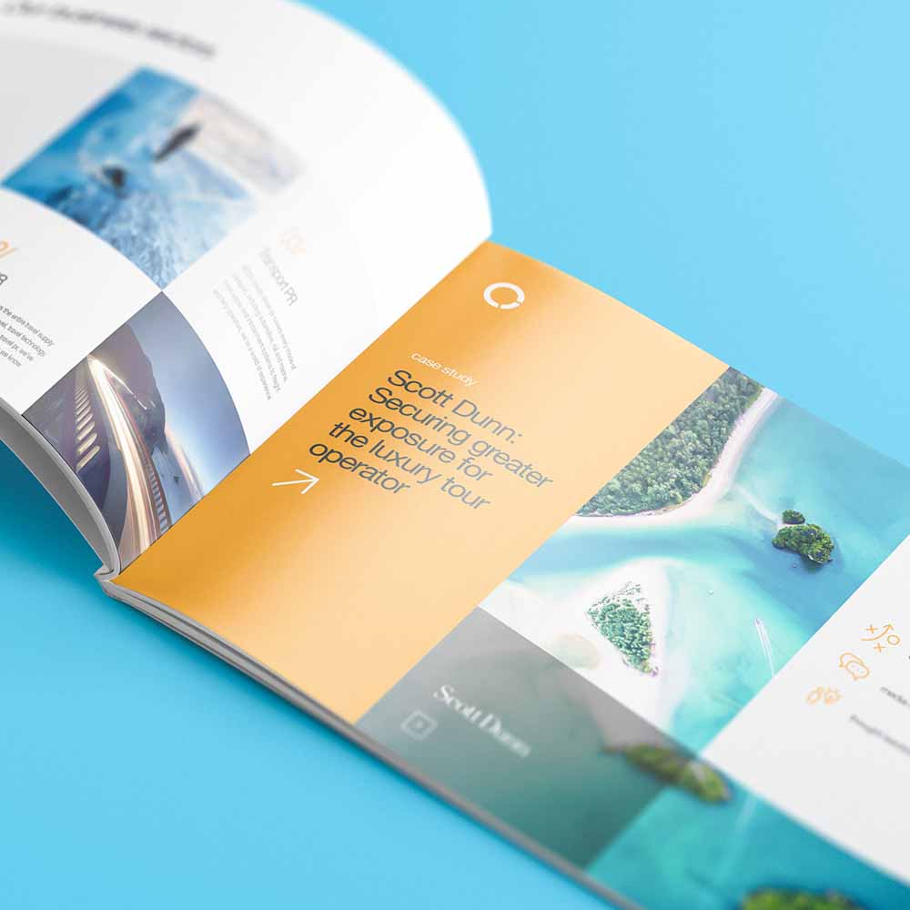 Sales brochure design for travel PR agency 8020 communications designed by Crux Design Agency