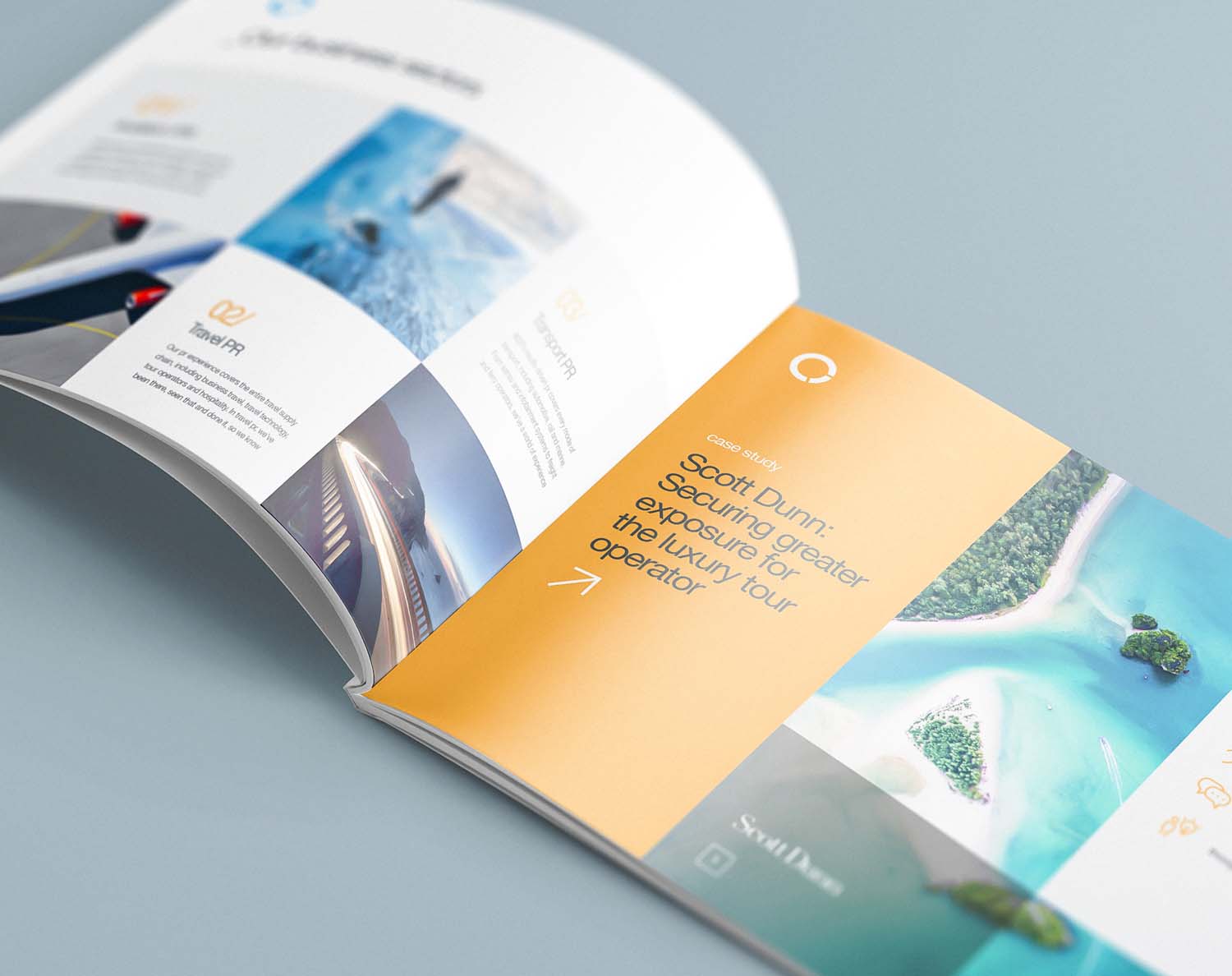 Sales brochure design for travel PR agency 8020 communications designed by Crux Design Agency