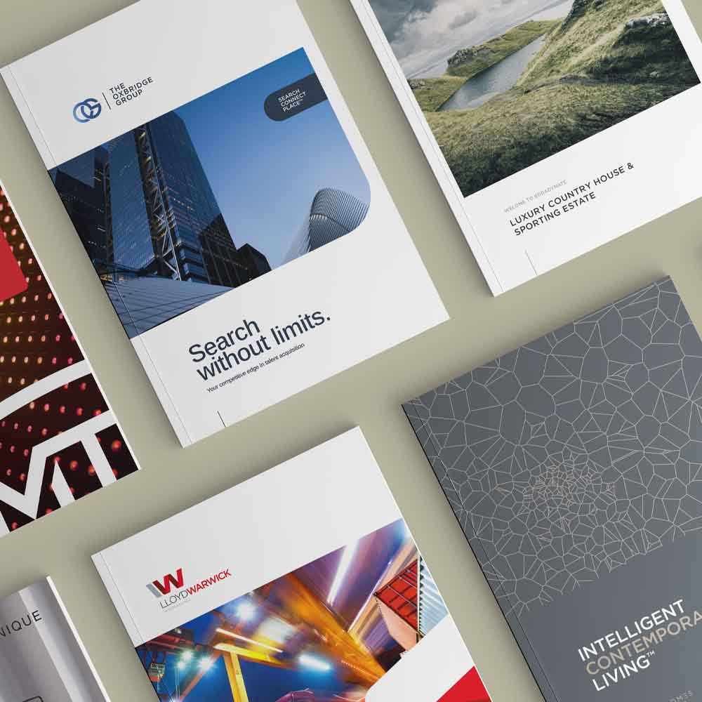 A montage of company brochures