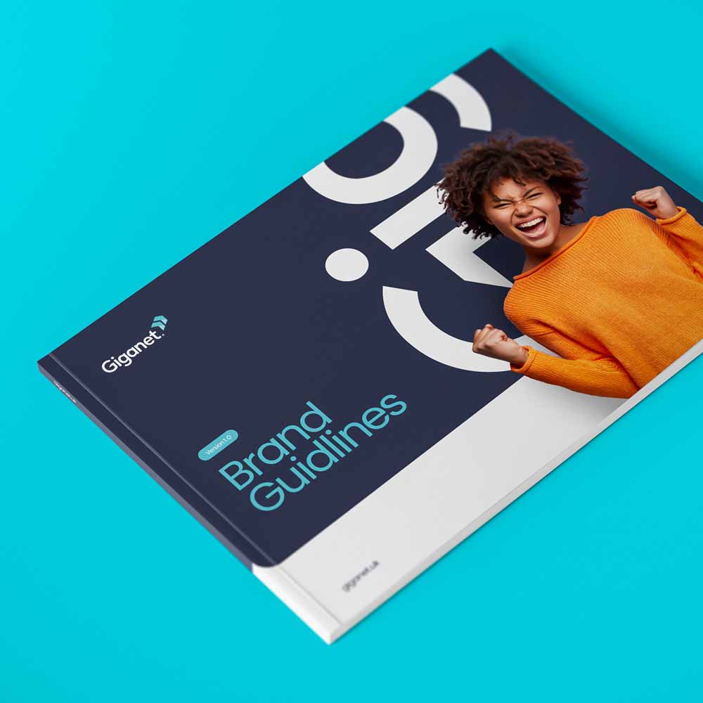 Giganet's brand guidelines cover image created by Crux Design Agency