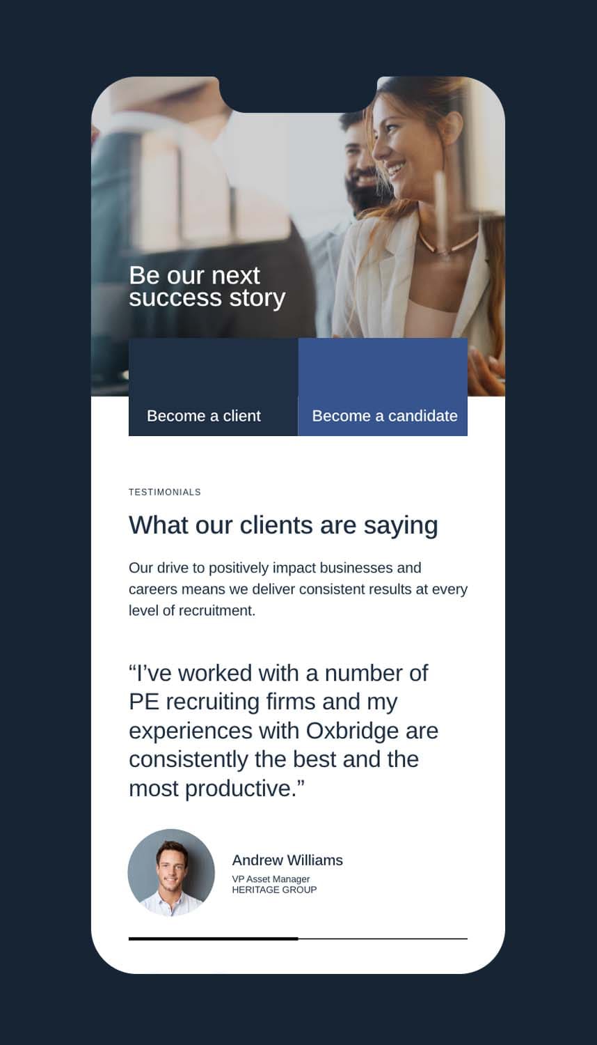 The Oxbridge Group - Executive Search web design Mobile Screen testimonial