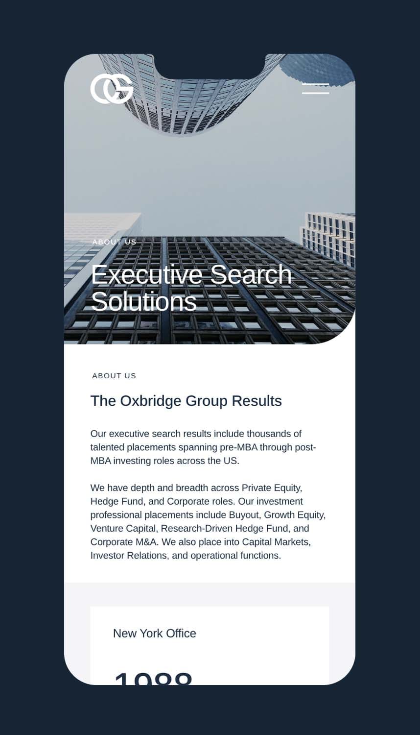 The Oxbridge Group - Executive Search web design Mobile Screen - About Us